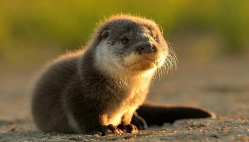 Close-up of an otter standing in the dirt.