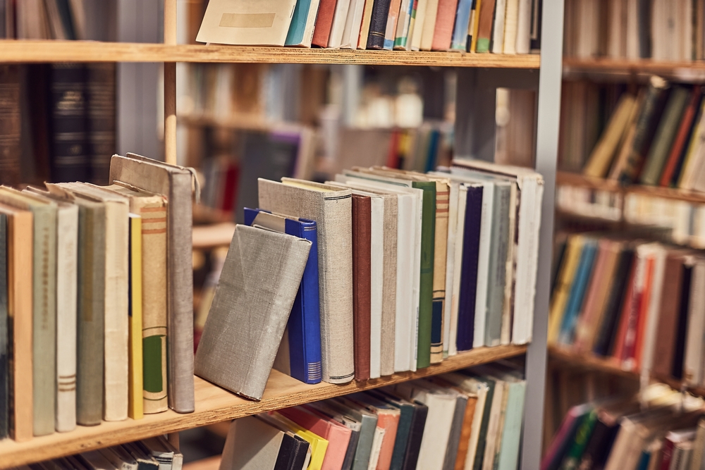 Books stacked on a bookshelf in a bookstore.