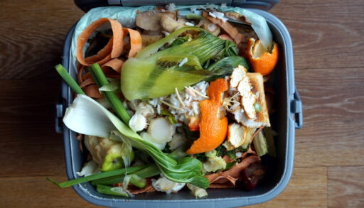 Overhead close-up of a compost pile.