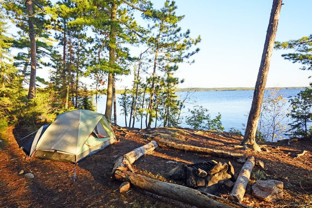 Tent and a logs for seating in a forest next to Saganaga Lake, Ontario.