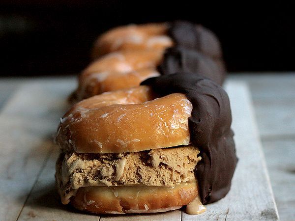 Chocolate-Dipped Coffee Ice Cream Glazed Doughnut Sandwiches