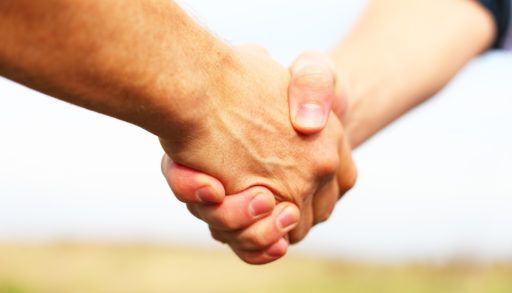 Close-up of two people shaking hands.