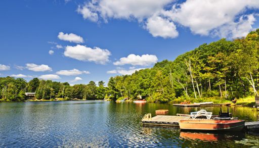 Lake with docks in Ontario cottage country.