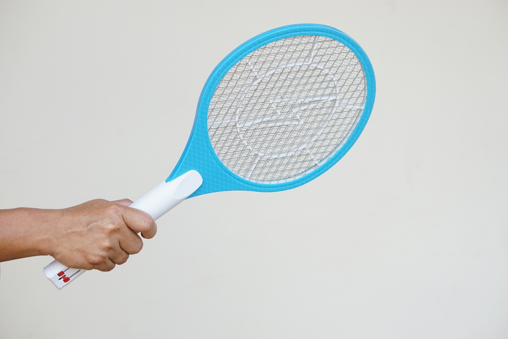 Close-up of a person holding a blue, electric bug racket.