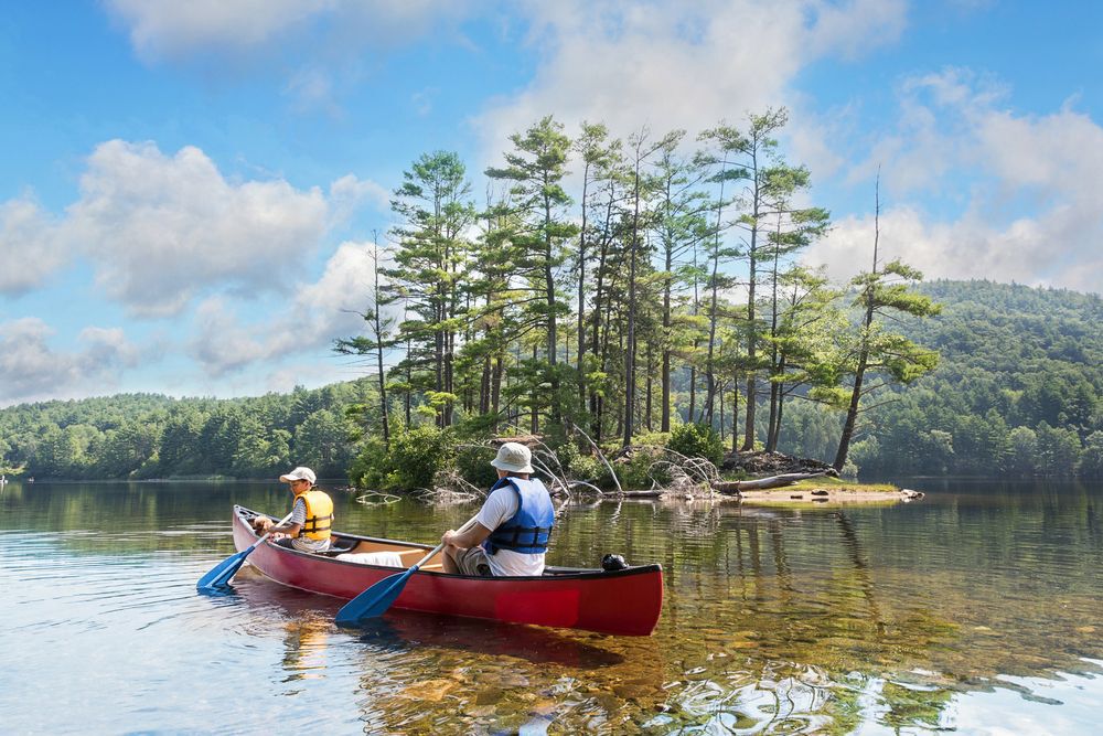 Father and son paddling in a red canoe on a lake surrounded by trees.