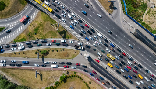 Aerial view of a congested roadway.