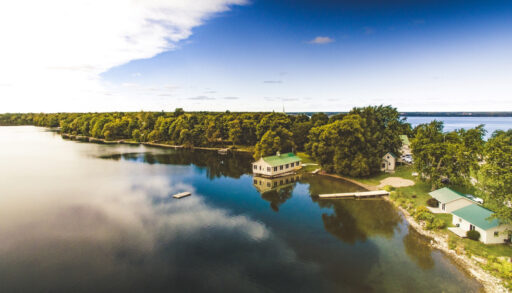 Aerial view of a house on Lake on the Mountain, Prince Edward County, Ontario.