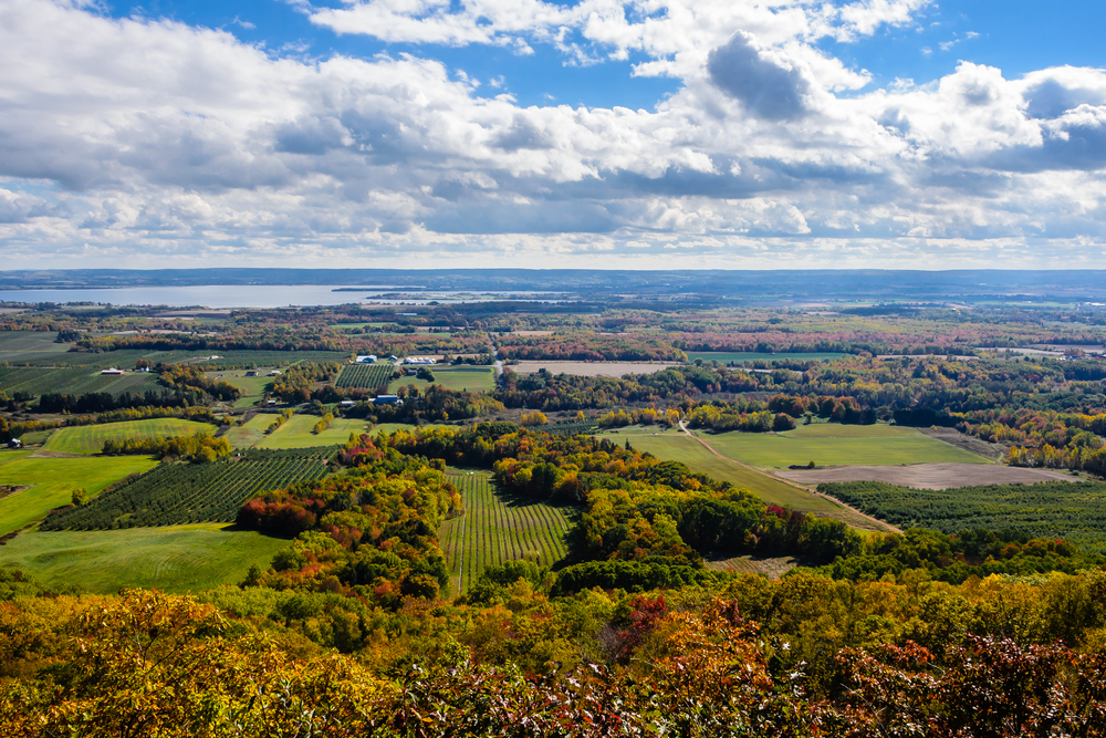 Aerial view of a green, red and orange landscape in the Annapolis Valley, Halifax, Nova Scotia.