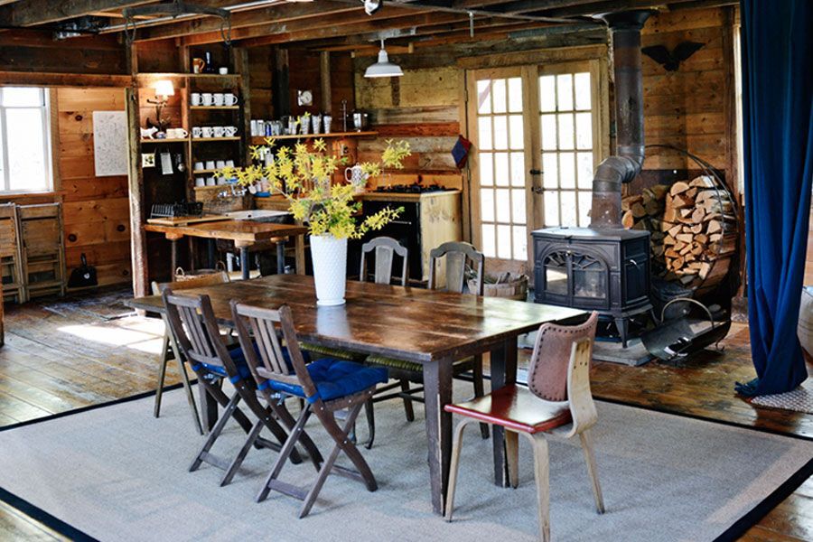 View of the dining room in the restored barn.