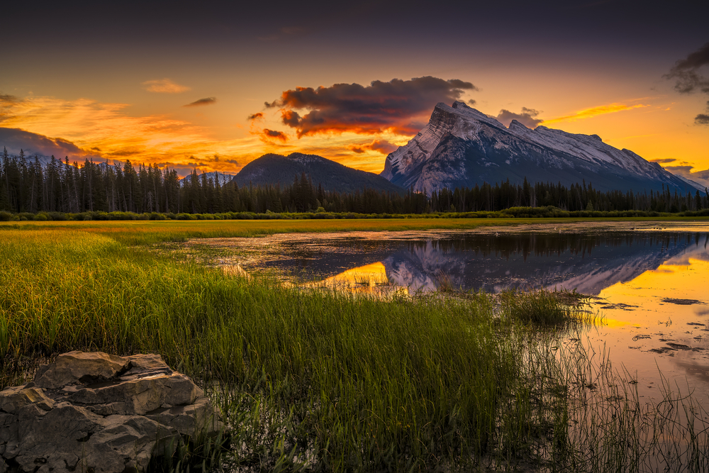 Golden sunset in early fall over the Canadian Rockies outside of Banff National Park.