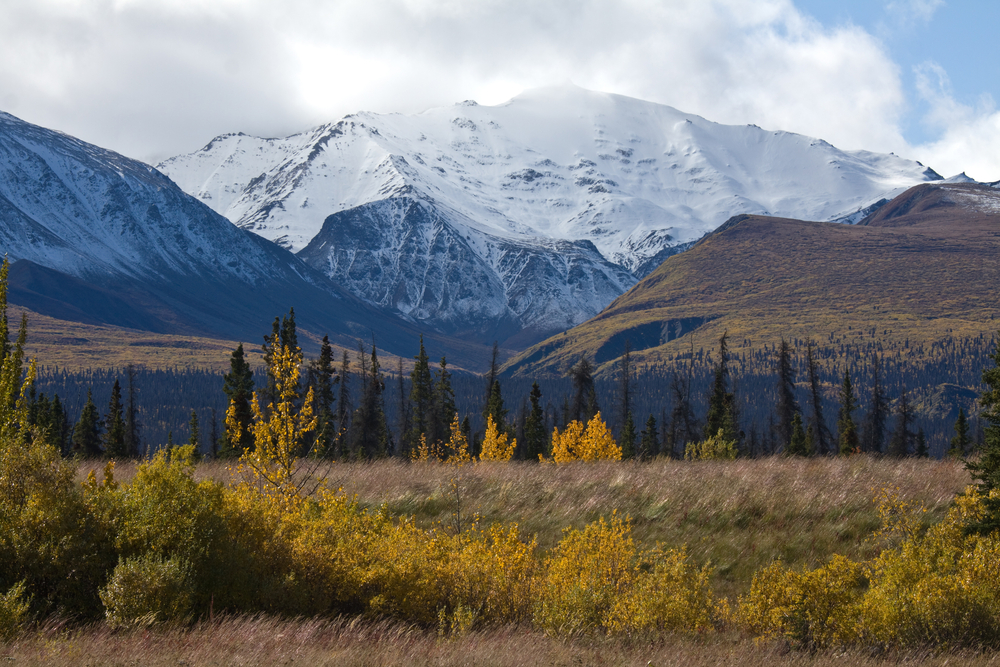 Snow-covered mountain in Kluane National Park, Yukon during autumn.
