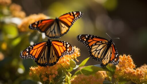 Three monarch butterflies standing on yellow flowers.