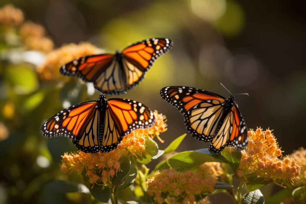 Three monarch butterflies standing on yellow flowers.