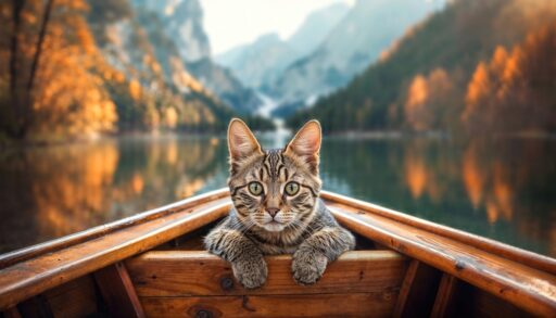 Close-up of a tabby cat sitting in a canoe on a lake surrounded by an autumn forest and mountains.