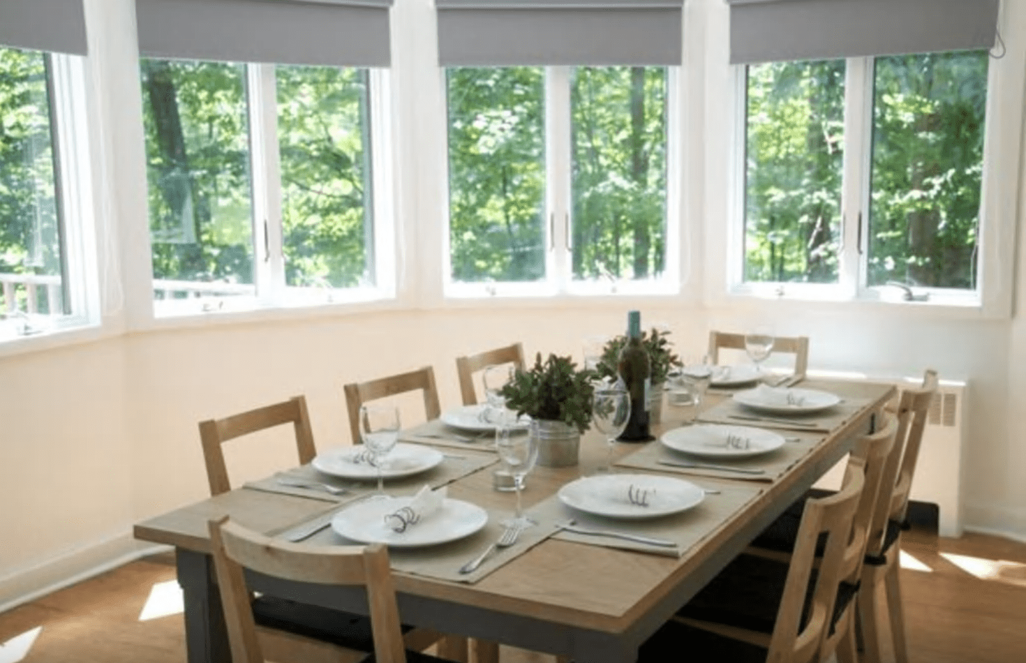 A view of the dining room in the restored barn.