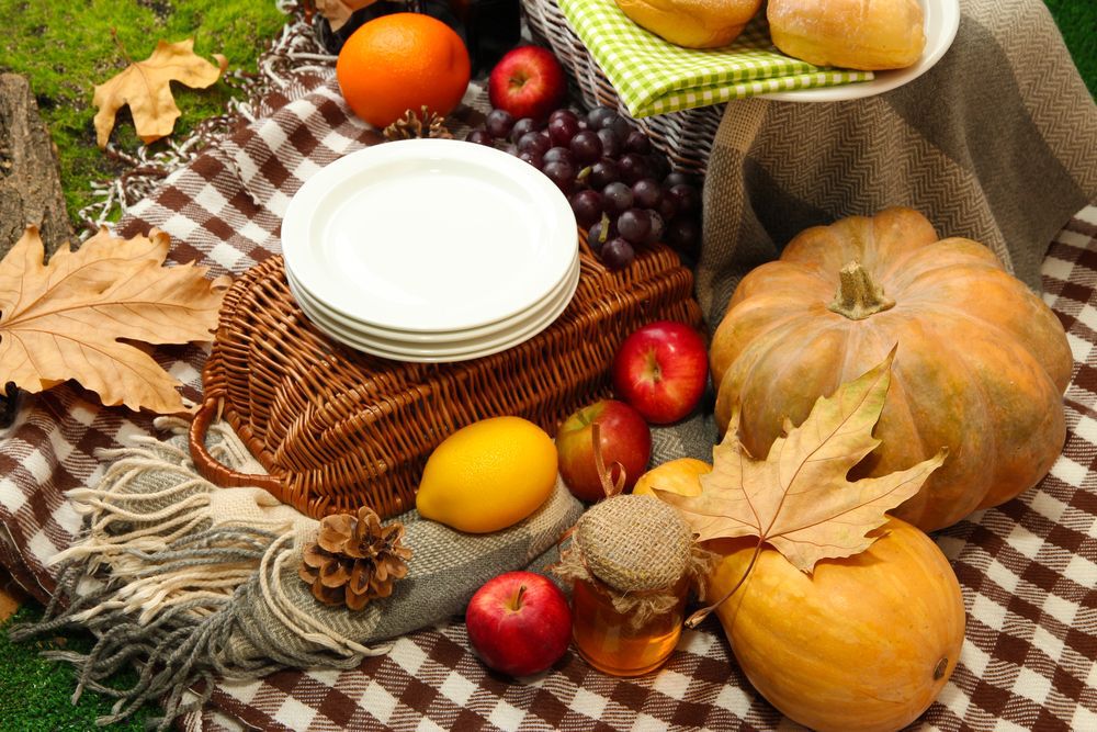 Pumpkins and apples next to a brown picnic basket on a brown-checkered blanket.