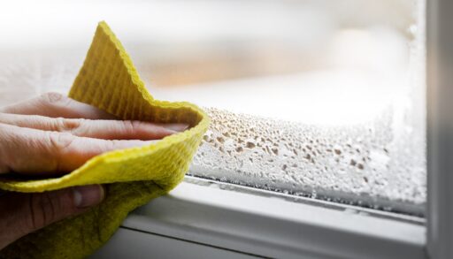 Close-up of a person's hand holding a yellow cloth as they wipe condensation from a window.