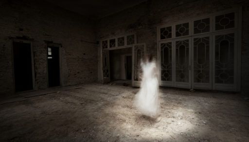 Ghost girl in a white dress in an old room.