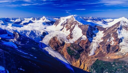 Aerial view of the snow-covered Cariboo Mountains near Prince George, B.C.