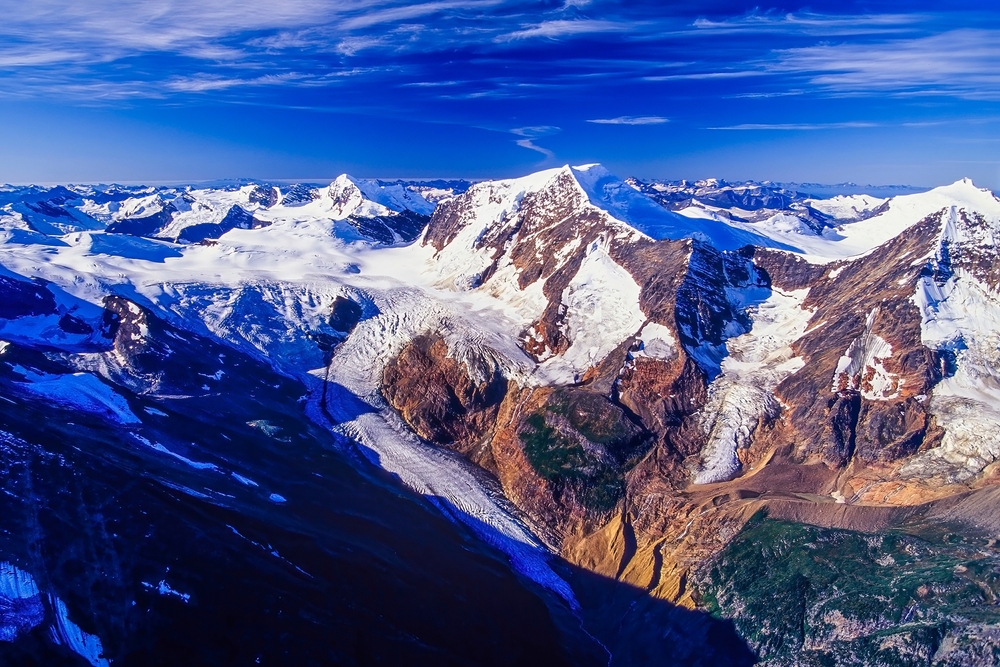 Aerial view of the snow-covered Cariboo Mountains near Prince George, B.C.