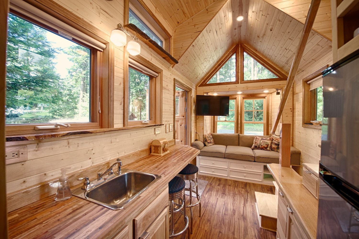 The kitchen and living room in the tiny cabin.