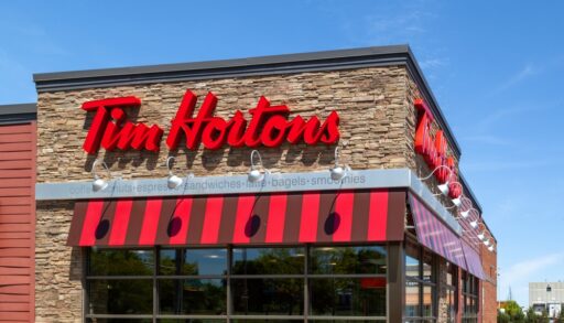Close-up of the Tim Hortons logo on a location in Toronto, Ontario.