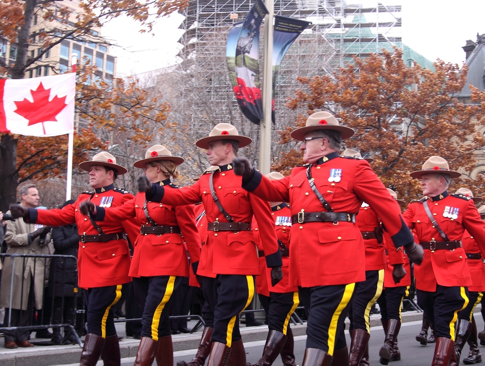 Canadian Mounties marching in a Remembrance Day parade in Ottawa, Ontario.