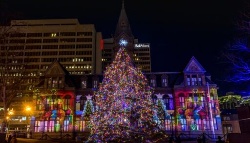 A Christmas tree and lights on City Hall in Halifax, Nova Scotia.