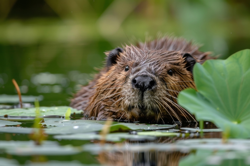 Close-up of a beaver in a pond next to a green leaf.