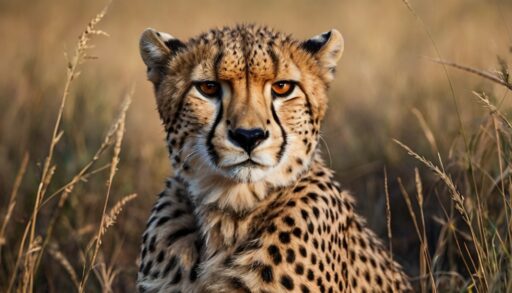 Close-up of a cheetah sitting in a field of brown grass.