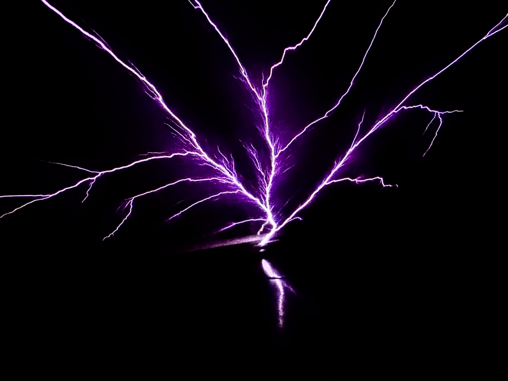 Purple lightning as a result of a St. Elmo's fire.