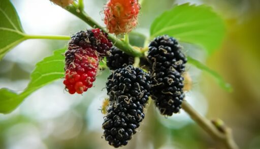 Close-up of mulberry branch with red and black mulberries on it.