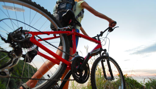 Low-angle view of a woman walking a red mountain bike along a trail.