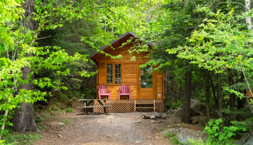 A small wooden cottage surrounded by green trees.