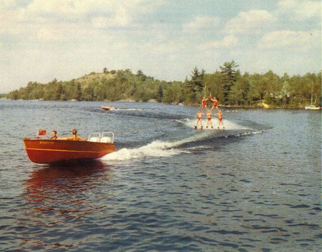 People waterskiing in formation