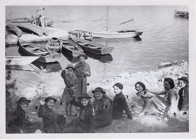 Girl guides at a lake, black and white