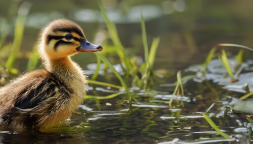 Duckling swimming in a shallow pond with green grass poking through.