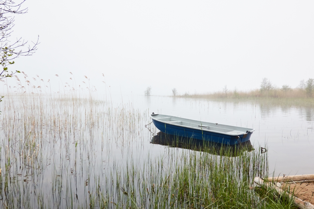 A lake with a small blue fishing boat on it and a layer of fog hanging over it.