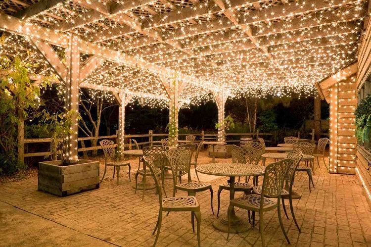 Many fairy lights over a patio