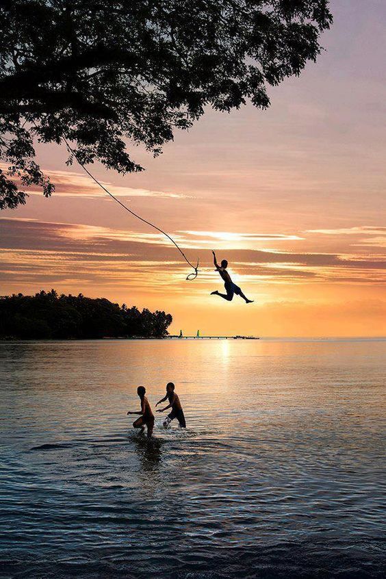Person jumping from rope swing