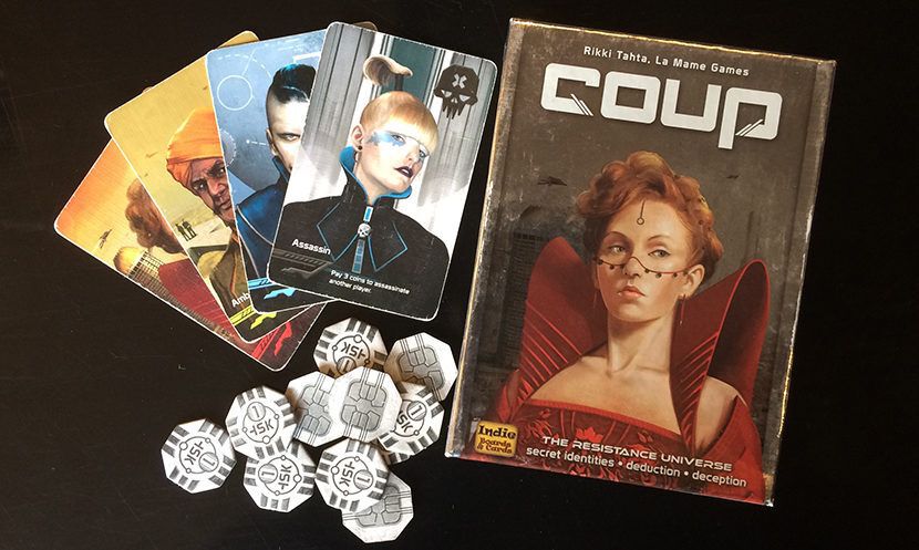 Game charater cards, box, and cardboard coins