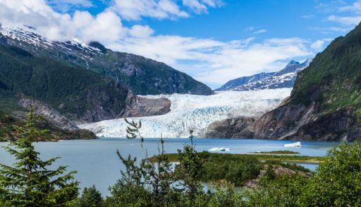 Alaska glacier surrounded by a forest landscape.
