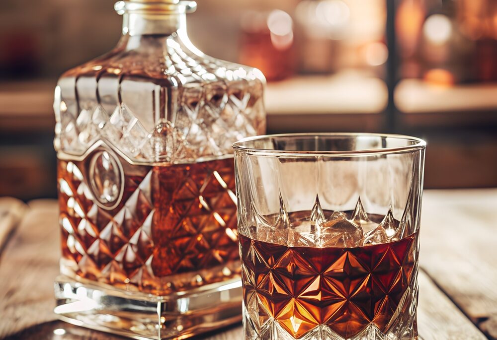 A bottle of whiskey and a glass of whiskey on a wooden table.