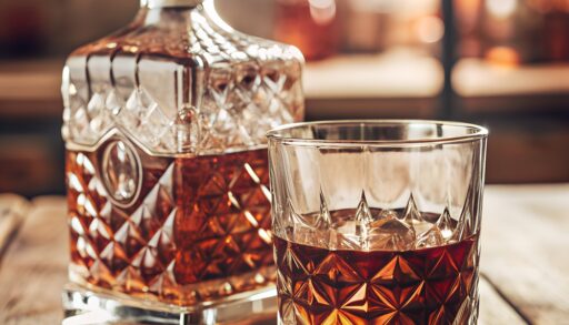 A bottle of whiskey and a glass of whiskey on a wooden table.