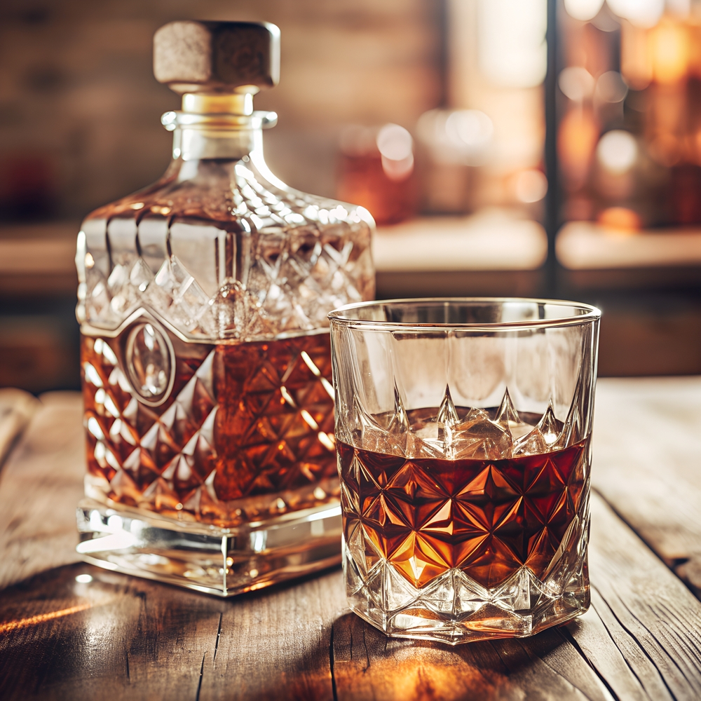 A bottle of whiskey and a glass of whiskey on a wooden table.