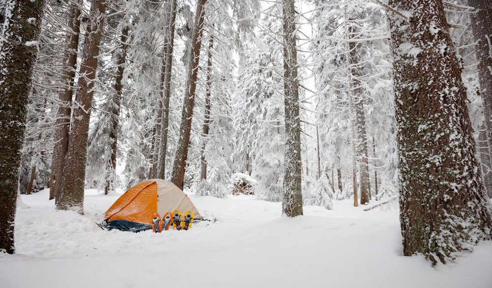 Orange tent set up in a forest in the winter for camping.