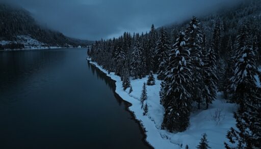 Aerial view of a frozen lake at night in B.C., Canada.