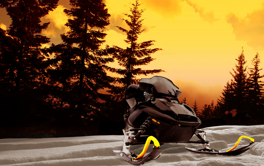 Parked snowmobile at sunset with a pine tree landscape.