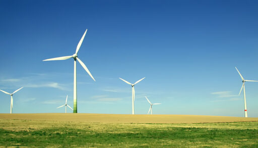 Wind turbines in a large flat field against blue sky.