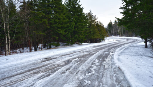 Slushy snow covered road bordered by trees.